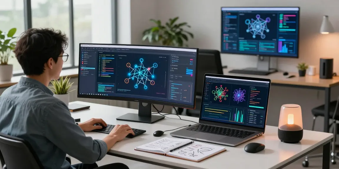 AI Workspace showing how AI works with visualizations and algorithms in a modern tech environment.