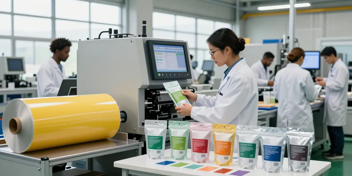 Technician examining high-quality stand-up pouches in a modern packaging facility.