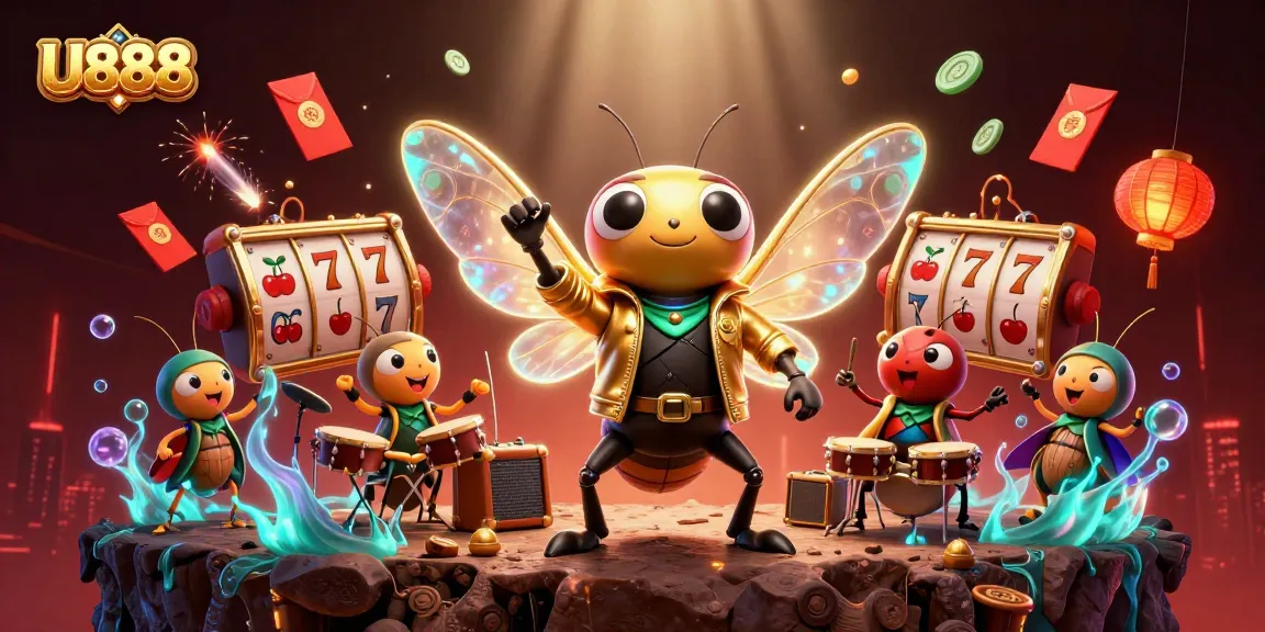 U888 players celebrate wins with a vibrant 3D illustration of casino games, including lucky symbols and festive elements.