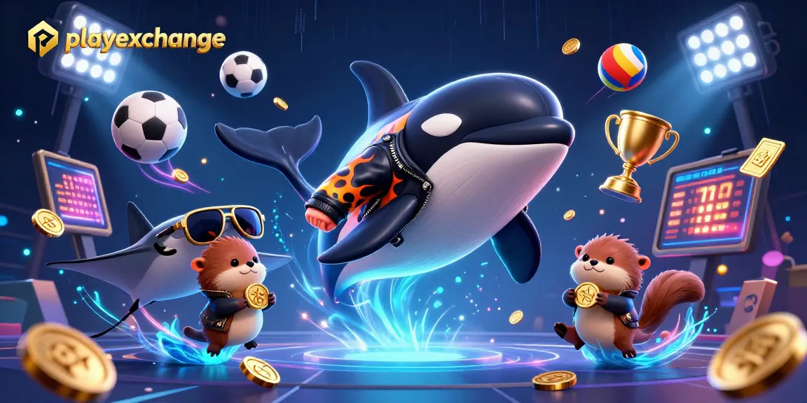 Engage with playexchange, featuring a whale and sports elements in a dynamic 3D casino scene.