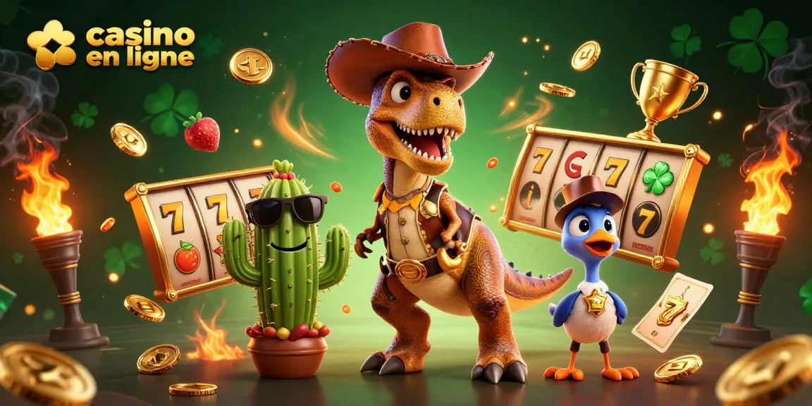Spin the slots and jackpot at casino en ligne with a vibrant 3D cowboy dinosaur scene.