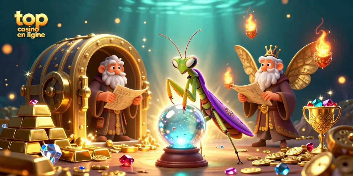 Découvrez le top casino en ligne avec une illustration 3D riche en éléments de jeu et mystère.