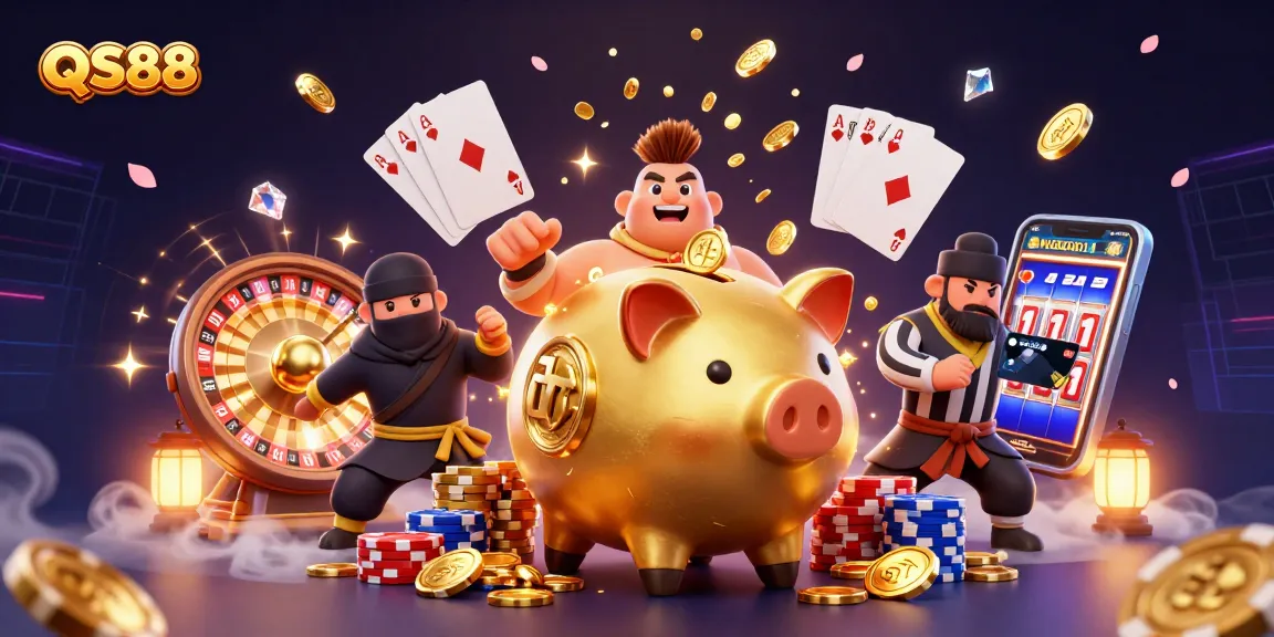 Experience a dynamic QS88 casino scene with golden piggy bank sumo wrestler, wallet ninja, and credit card samurai.