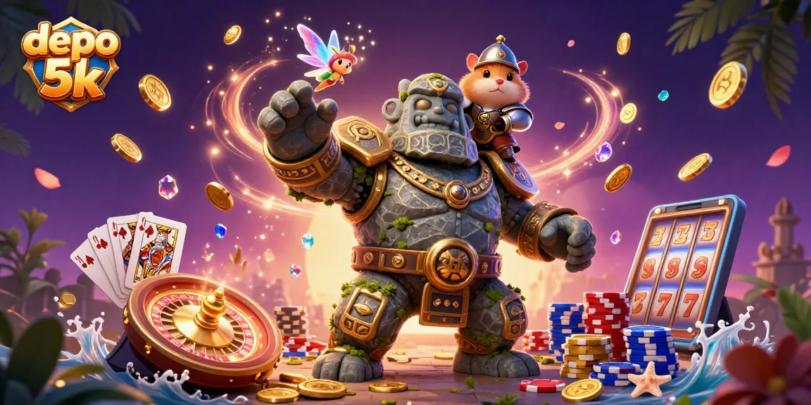 Engaging 3D illustration showcasing the magic of depo 5k with lively casino elements including golden coins and slot machine reels.