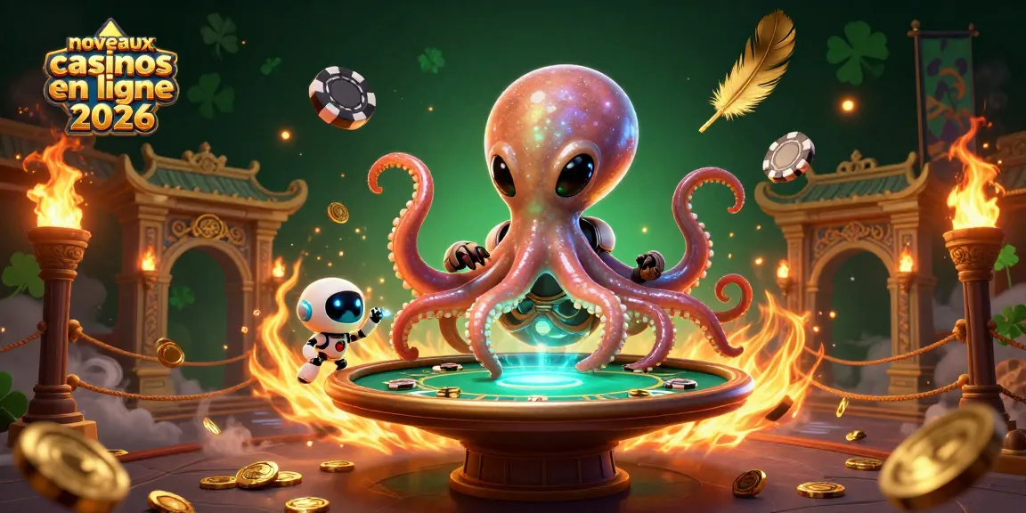 Découvrez les nouveaux casinos en ligne 2026 avec une illustration animée d'un casino spatial rempli d'éléments de jeu.