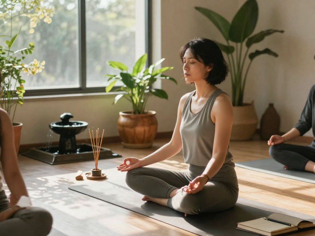 Meditative practice in serene yoga studio, emphasizing mantra 88 for mindfulness.