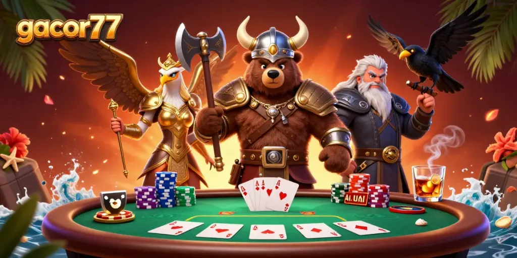 Gacor77 meningkatkan peluang menang dengan poker dan tumpukan chip warna-warni dalam permainan kasino.