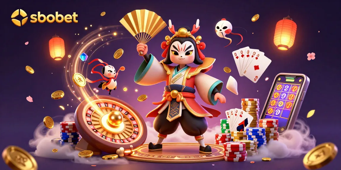 Bet on sbobet with excitement from a kabuki warrior crane and vibrant casino elements.