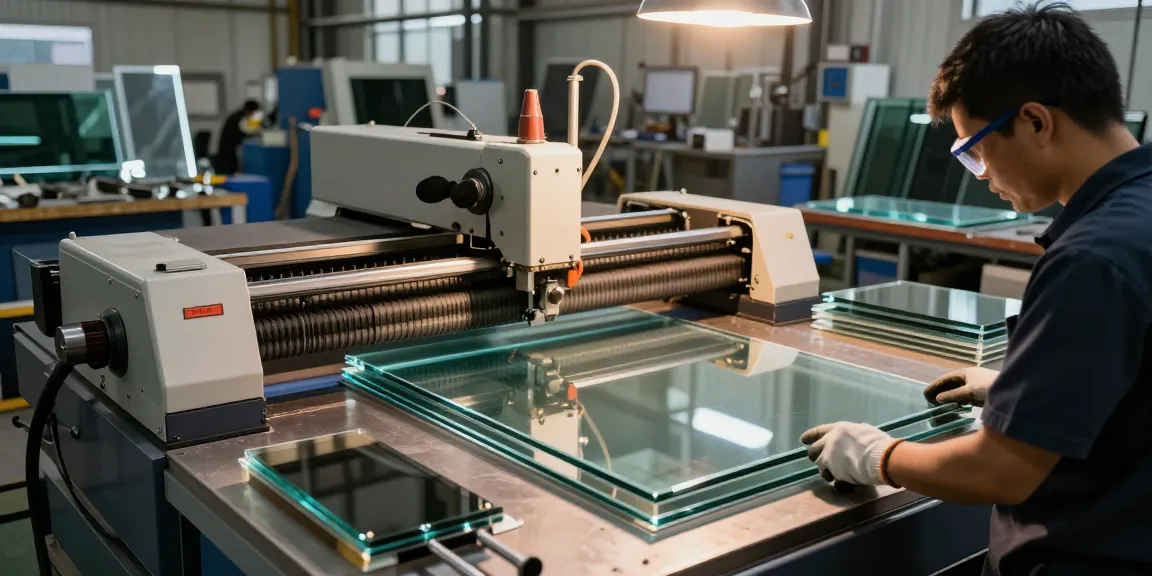 Skilled technician using a glass cutting machine in a modern industrial setting