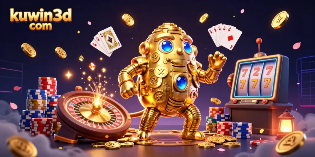 Experience the excitement of kuwin3d com with a vibrant casino scene featuring golden golems and casino elements.