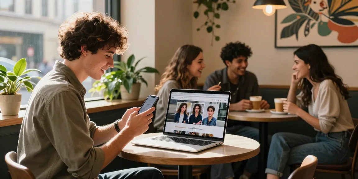 Young adult discovering celebs I look like in a trendy café, smiling with smartphone.