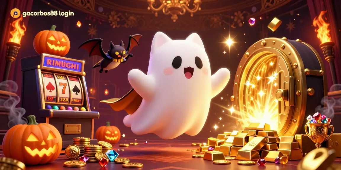Engage with gacorbos88 login and win big in a vibrant casino scene filled with cartoon ghostly characters and glittering treasures.