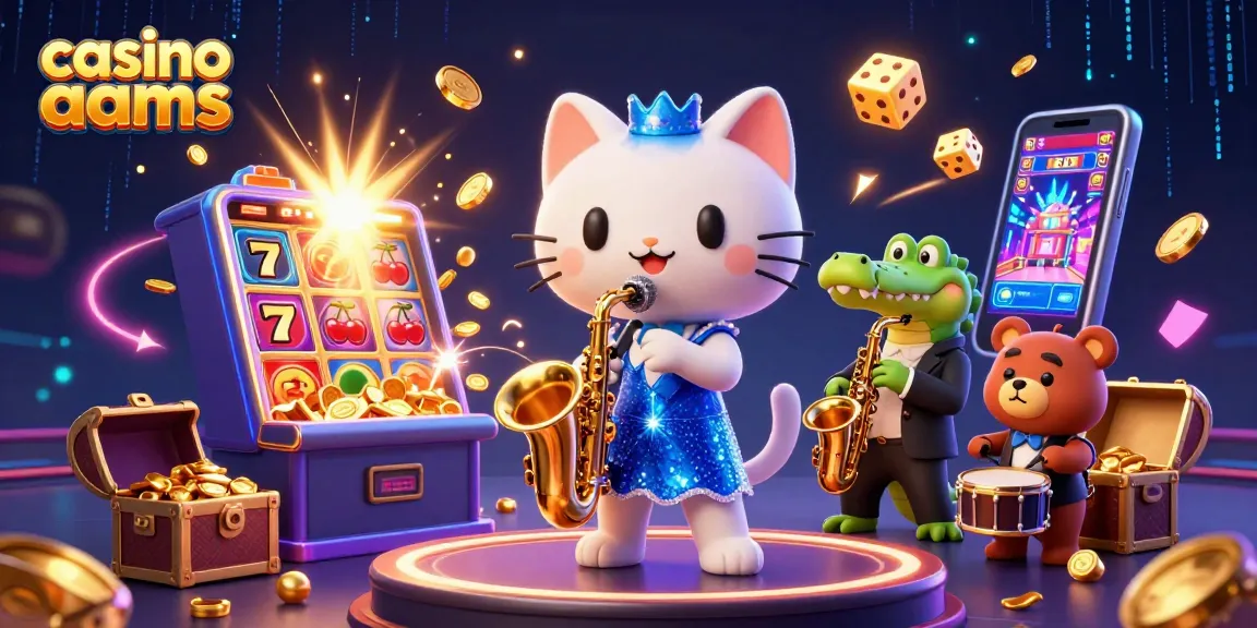 Una scena vivace di casino non AAMS con un gatto jazz, un coccodrillo e un orsetto che suonano strumenti circondati da simboli e macchine jackpot.