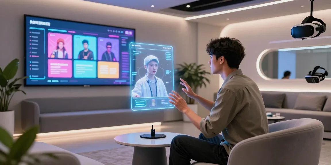 Engaging nsfw ai interaction in a modern digital lounge with holographic assistant and customizable character options.