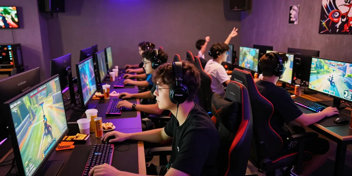 Pengalaman bermain game di cafe dengan tantegacor88, pemain fokus pada layar, suasana penuh energi.
