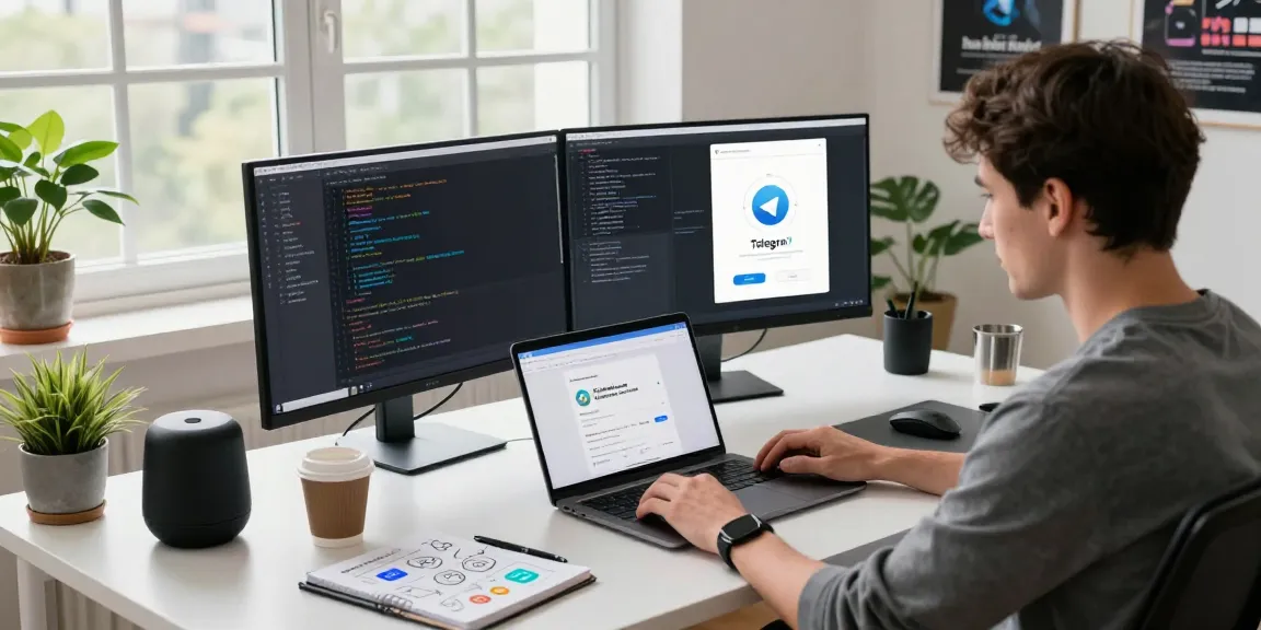 Developer optimizing the Telegram China APK in a bright digital workspace, showcasing modern tech and app development.