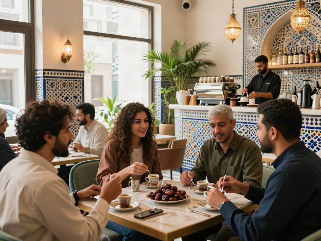 قھوجیین وصبابین في الریاض، مشهد لمقهى عصري بأجواء عربية.