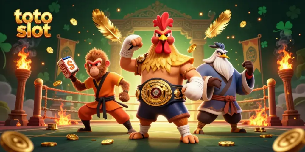 Engage with the exciting toto slot experience, featuring a dynamic scene of a fierce 3D Muay Thai rooster and skilled martial artist.