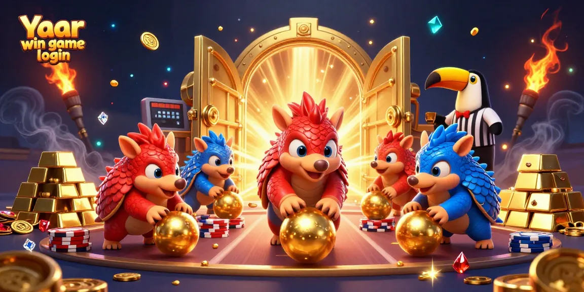 Experience the excitement of Yaar win game login with rival pangolins playing, golden treasures, and lively casino elements.