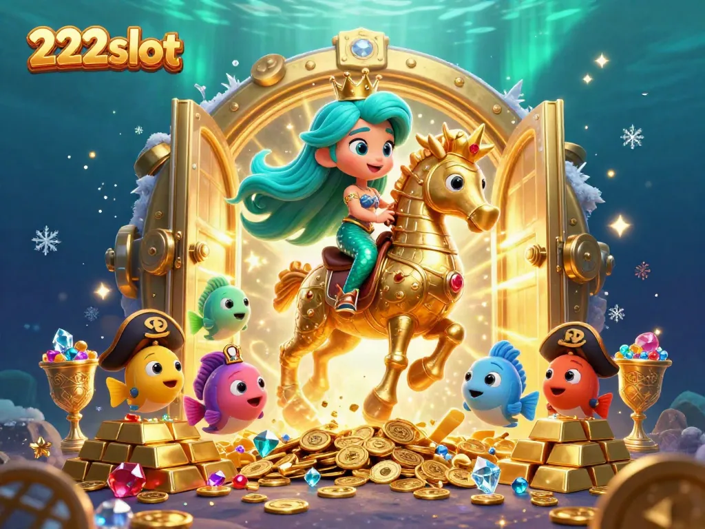 Mainkan game slot di 222slot dengan putri duyung dan harta karun berkilauan.