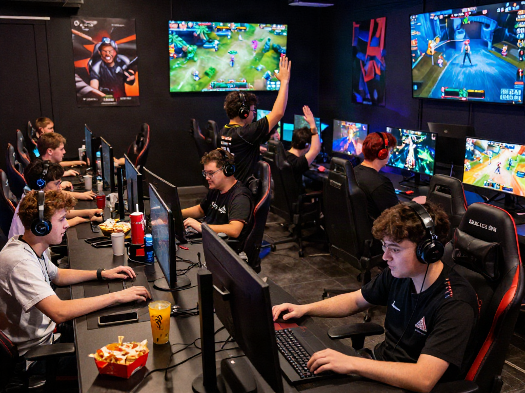Dynamic online gaming scene illustrating a bonus new member engaging in friendly competition with snacks and drinks.