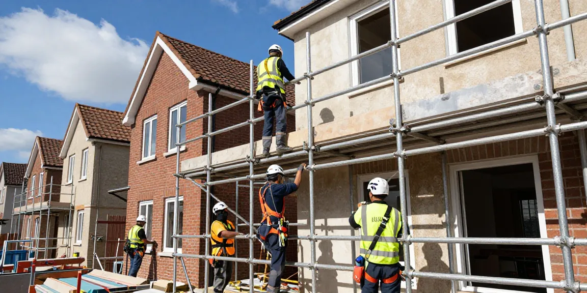 Home Extension Scaffolding Essex team installing safety equipment during a residential project in an urban setting.