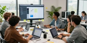 Kinetiq software developers collaborating in a modern workspace with high-tech gadgets and digital tools.