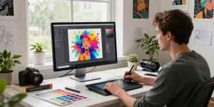 Digital artist using nano banana 2 AI image editor in a creative workspace with vibrant artwork.