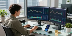 Active cryptocurrency trading session at https://crypto-reviews.ru/okx-v-kazahstane/ with professional analyzing market trends.