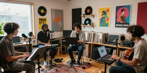 Independent artists collaborating in a vibrant studio for music promotion.