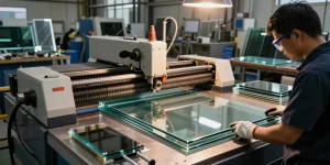 Skilled technician using a glass cutting machine in a modern industrial setting