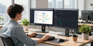 Developer optimizing 快连 software at a modern tech workspace with dual monitors and a vibrant atmosphere.
