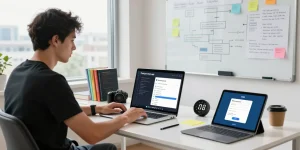 Mobile developer coding the telegram china apk application interface, showcasing a modern workspace and collaborative tools.