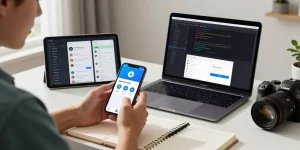 Downloading telegram china apk on smartphone in a modern workspace.