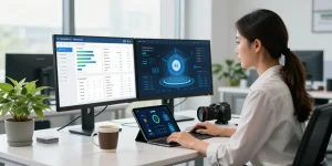 Age verification system analytics being analyzed in a modern office.