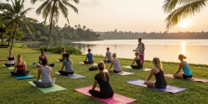 Hatha yoga teacher training Sri Lanka at sunrise with students practicing by Koggala Lake, vibrant yoga mats and serene atmosphere.