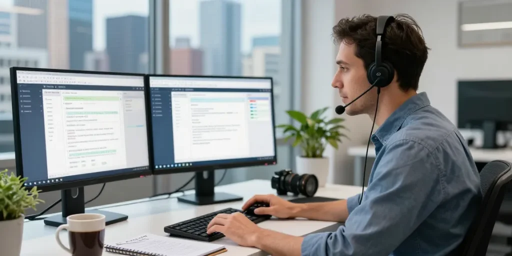 Focused technician providing Telus-Technical-Support over a call in a modern office.