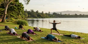 Yoga teacher sri lanka leading an outdoor class at sunset for a small group, highlighting tranquil lake views.