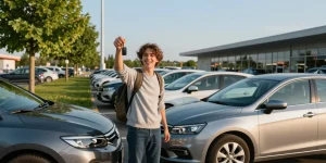Rent a car chisinau airport experience with happy traveler holding keys in front of rental cars