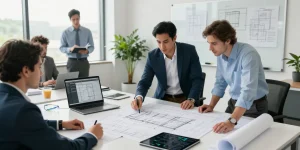 Engineering expert witness Missouri reviewing plans in a modern office, showcasing professional analysis and collaboration.