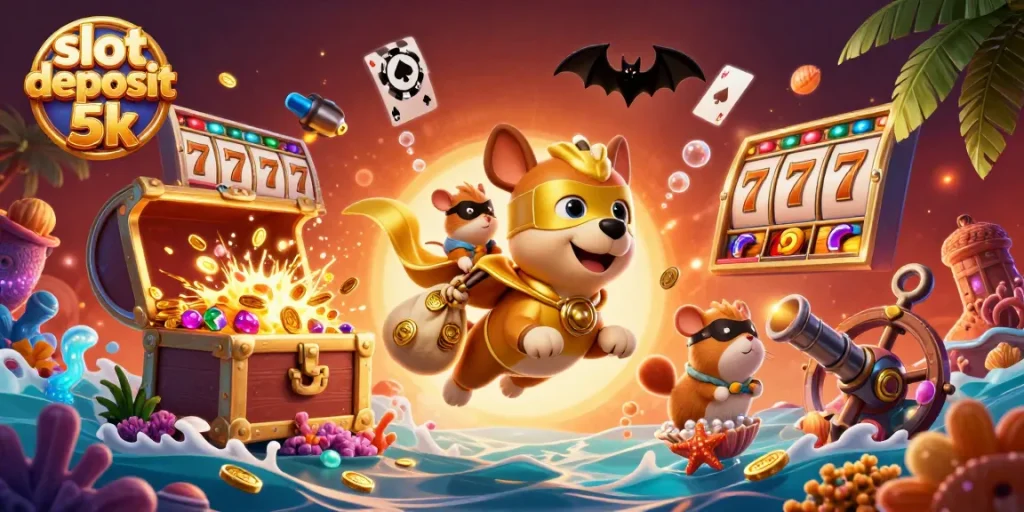 Engage with slot deposit 5k action in this vibrant 3D cartoon scene featuring a heroic dog.