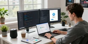 Developer optimizing the Telegram China APK in a bright digital workspace, showcasing modern tech and app development.