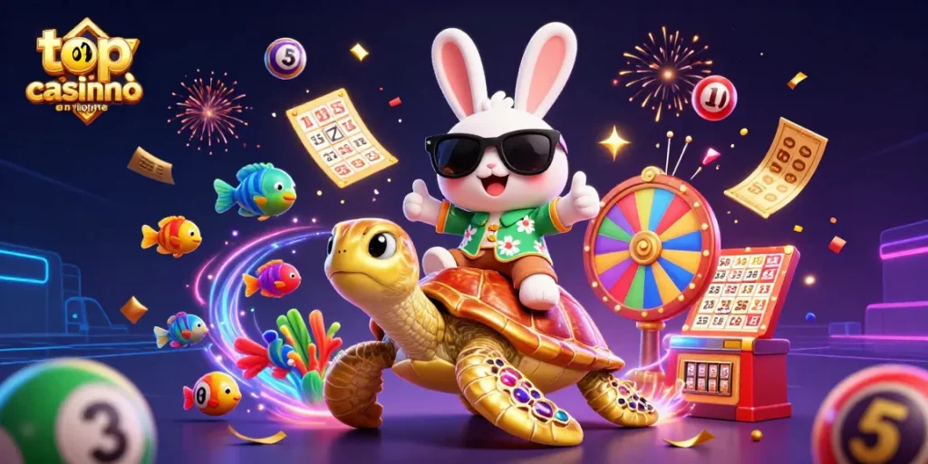 Jouez sur le top casino en ligne, animé par un lapin chanceux et une tortue dorée, entouré de jeux de loterie.