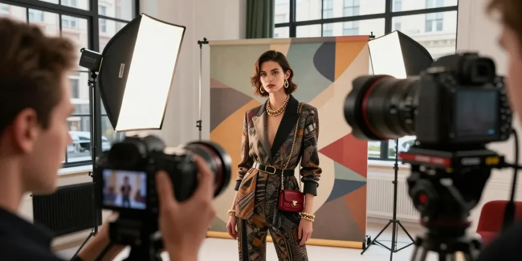 MaxArt studio fotografico: modello in abbigliamento elegante in uno studio di fotografia di moda a Milano.