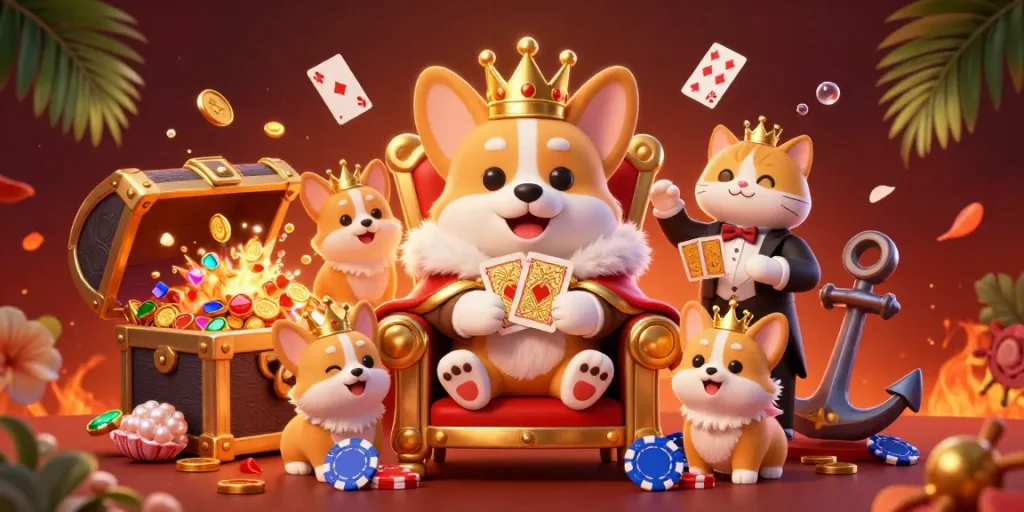 Plongez dans l’univers des jeux avec casino en ligne avis, où un corgi royal trône sur des jetons tout en profitant des cartes et trésors.