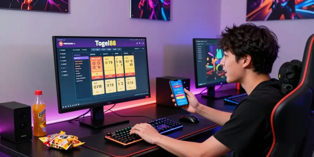 Togel88 Me Login: Player immersed in an exciting online gaming session, displaying Togel88 interface with ambient gaming setup.