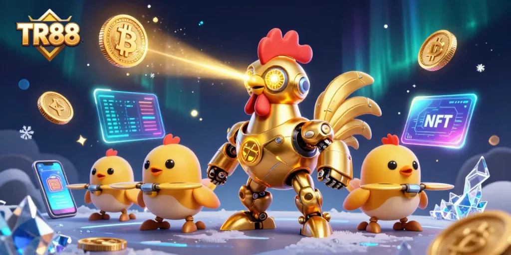 TR88 offers exciting gaming with a dazzling golden rooster robot in a vibrant casino atmosphere.