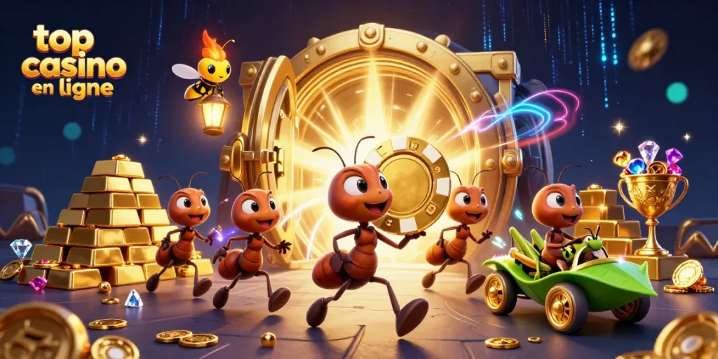 Meilleur casino en ligne : Les fourmis volent un jeton en or dans un tunnel illuminé.