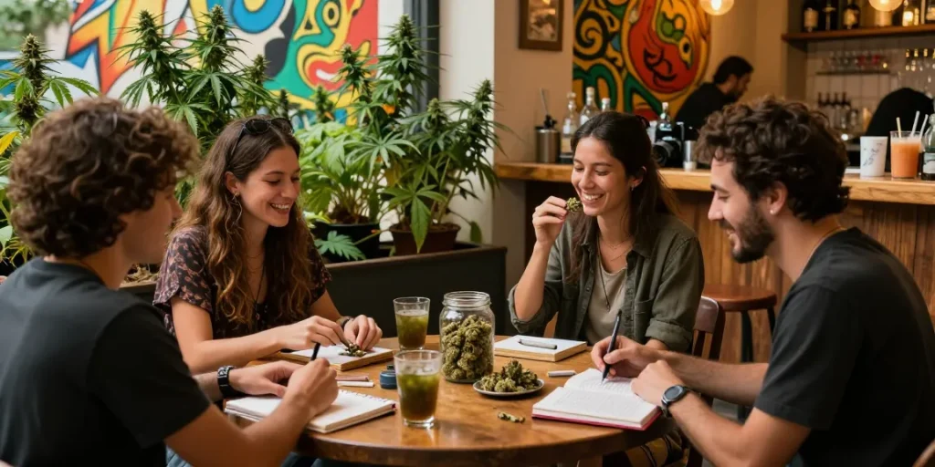 Clubs Cannabis Madrid scene with friends enjoying cannabis and sharing stories in a social atmosphere.