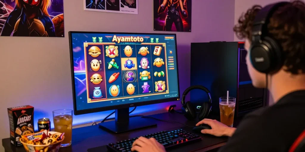 Pengalaman bermain Ayamtoto di ruang gaming dengan antarmuka slot terbaru yang menunjukkan kemenangan.
